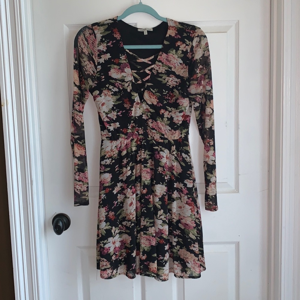 Charlotte Russe Sheer Mini, Long Sleeve Black Floral Dress